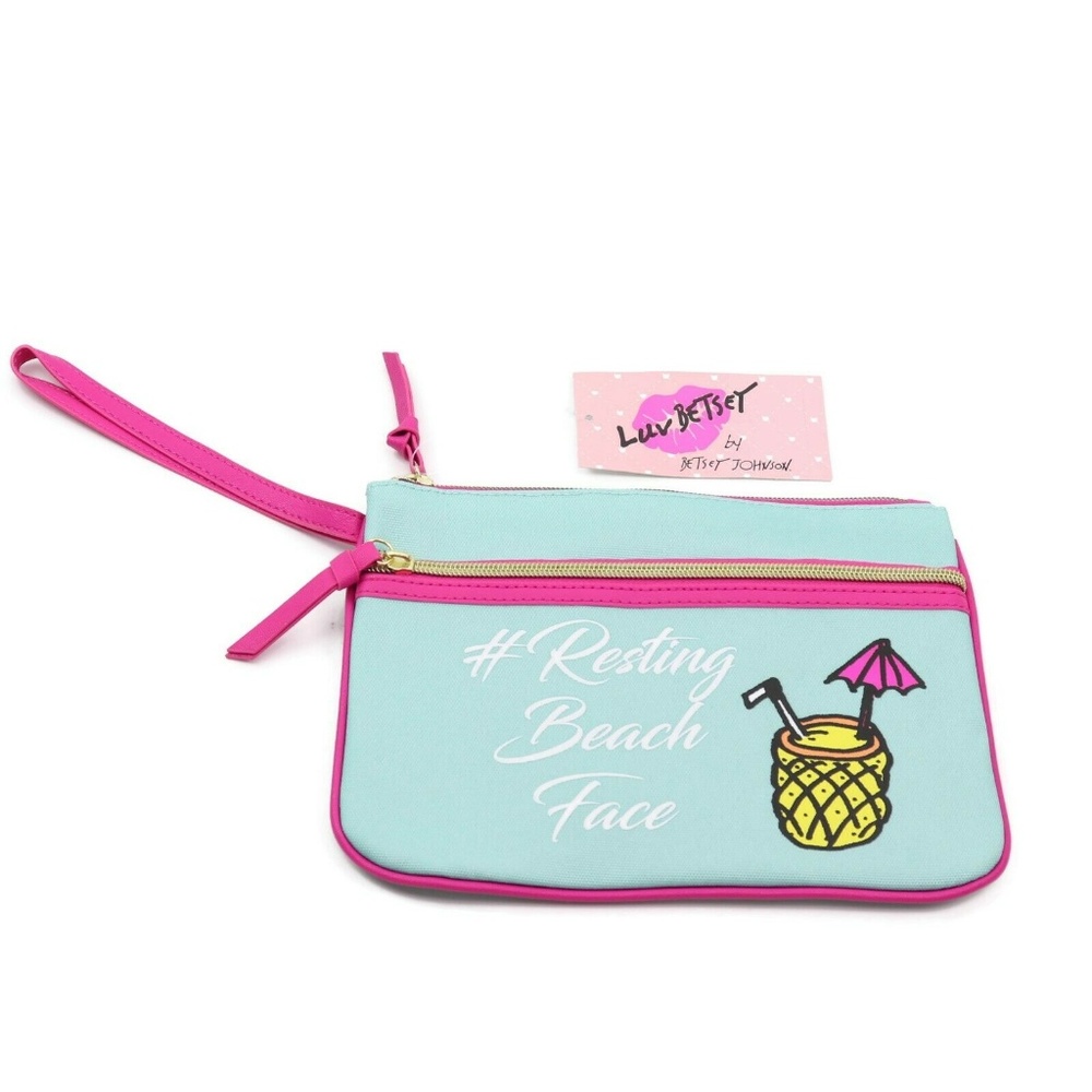 Betsey Johnson Blue Pink Summer Pouch Wristlet Bea‎